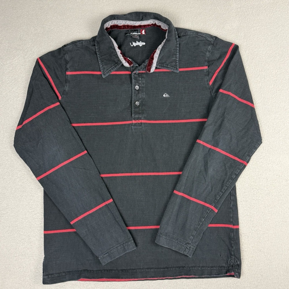 Y2K Quiksilver Striped Longsleeve Collared Shirt Large Black Red Skater